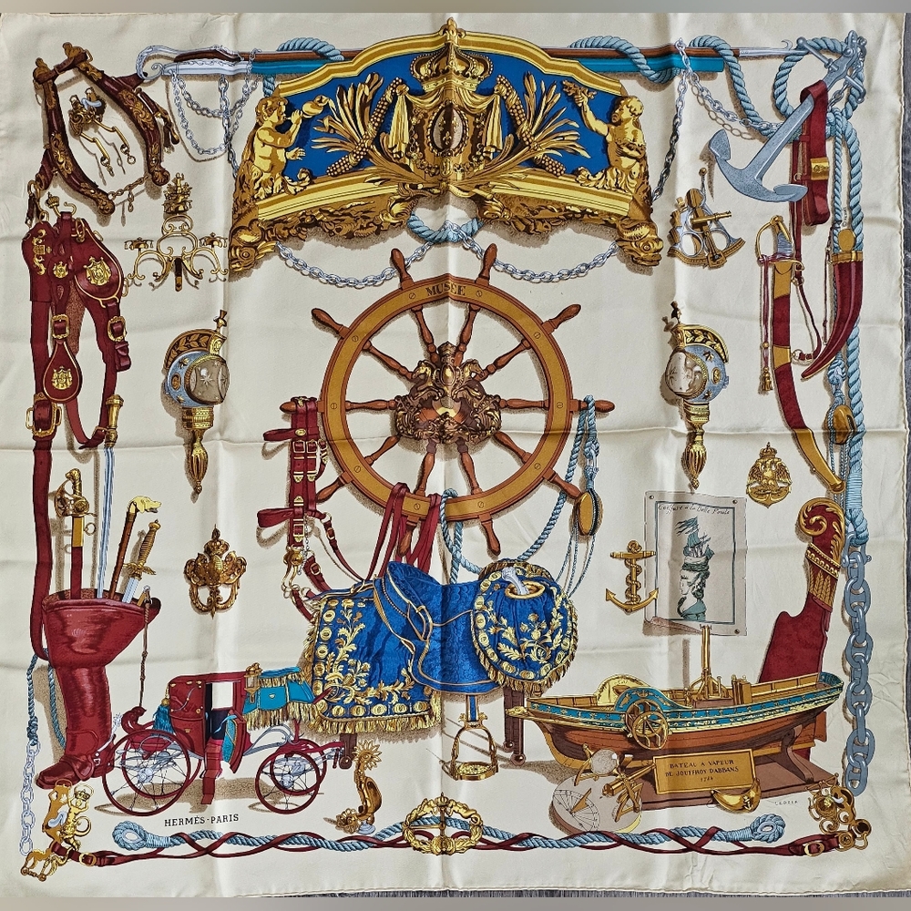 Hermes Musée 90 Cream Silk Scarf - Picture 2 of 5